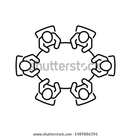 Brainstorming and teamwork icon. Business meeting. Group of six people in conference room sitting around a table working together on new creative projects. Line vector design.