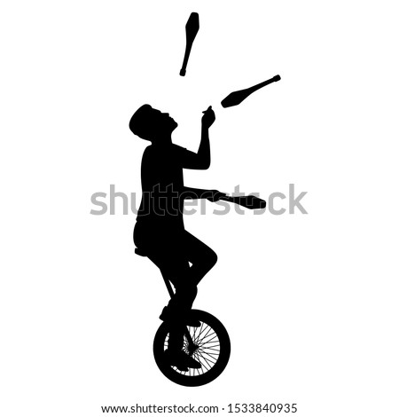 Juggler artist silhouette. Young man riding unicycle and juggling clubs. Flat vector design isolated on white background.