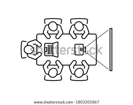Brainstorming and teamwork icon. Business meeting. Group of five people in conference room sitting around a table working together on new creative projects. Vector design isolated on white background.