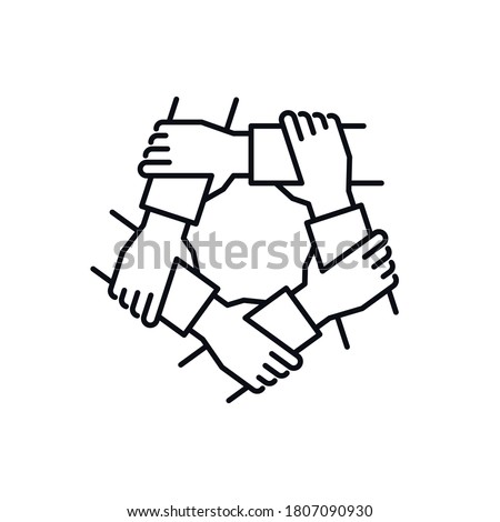 Unity and teamwork icon. Diversity and inclusion. Togetherness and cooperation concept. Helping hand symbol. Group of five business people holding arms. Line vector illustration.