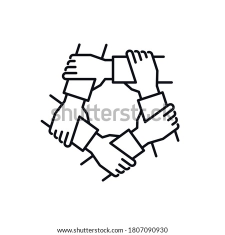 Unity and teamwork linear icon. Diversity and inclusion. Togetherness and cooperation concept. Helping hand symbol. Group of five business people holding arms. Line vector illustration.