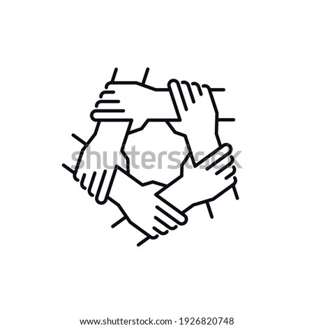 Partnership teamwork concept. Working together. Helping hand. Diversity and social inclusion. Togetherness and cooperation icon. Group of five people holding arms. Isolated line vector illustration