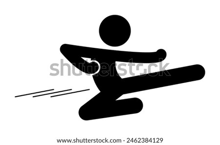 Martial arts icon. Boxer flying kick technique symbol. Karate fighter character kicks in the air. Isolated flat vector illustration.