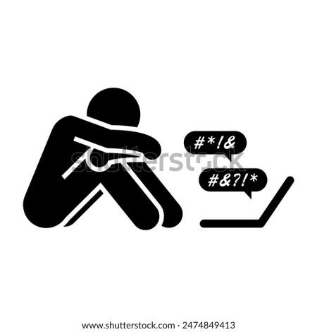 cyberbullying icon, social media harassment, depressed unhappy person hate speech victim, isolated flat vector illustration