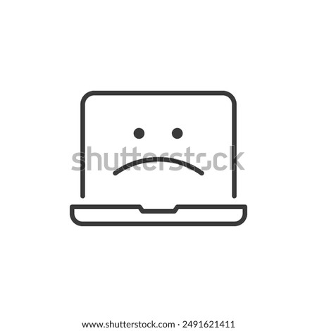 no wifi signal linear icon, no internet connection, page not found, sad broken laptop computer character, isolated linear vector illustration