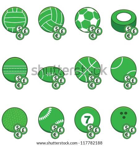 Vector collection of green sports balls with coins on top of them to symbolize sports betting