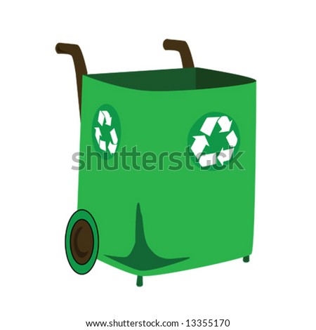 Vector illustration of a green recycling bin, with handles and wheels for transportation.