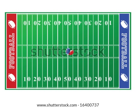 Illustration of a football field, with red and blue end zones