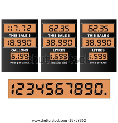 Vector illustration of a gas pump display, with separate numbers for changing prices. Information in gallons and litres, dollars and pounds