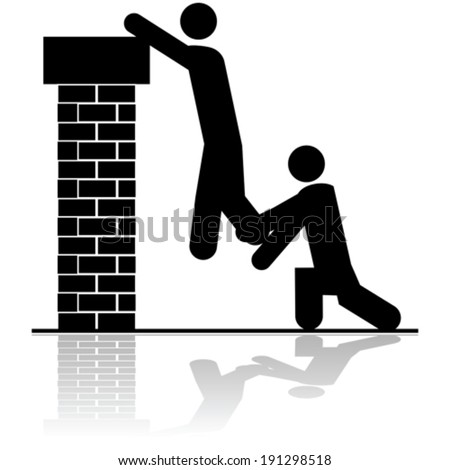 Vector icon illustration showing a person helping to lift another over a brick wall