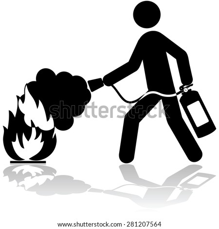 Icon illustration showing a man using a fire extinguisher to put out a fire