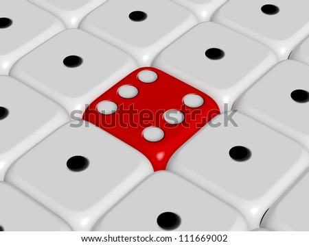 Red dice stands out from the crowd, white dices.