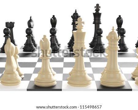 Chess board with starting positions aligned chess pieces, back view, isolated on white background.