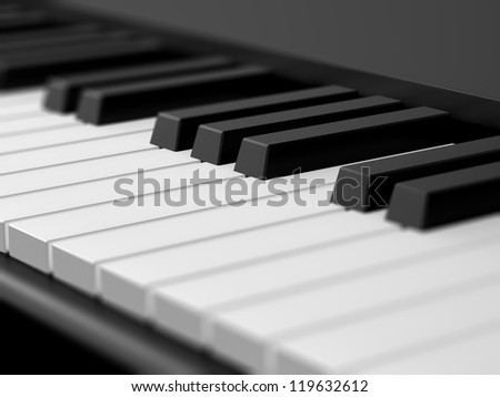 Close up piano keys on black grand piano with depth of field.