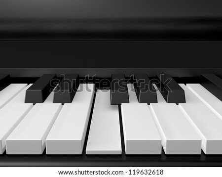 Piano keys on black grand piano and one key pressed, front view.