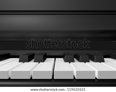 Piano keys on black grand piano, front view.