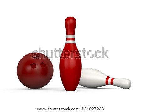 Red bowling pin wins the game, white skittle loses with red bowling ball, isolated on white background.