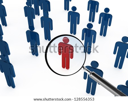 Magnifying glass focusing on red social man, standing out from the crowd for career, isolated on white background.