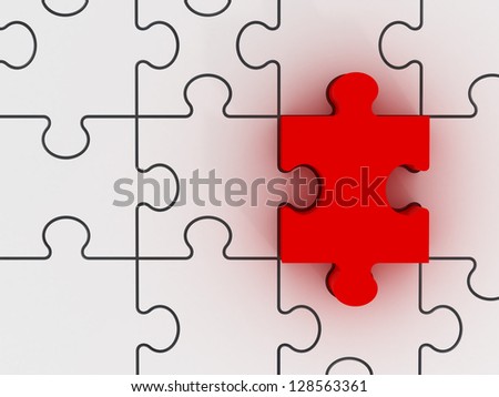 Red puzzle piece standing out from other white pieces.