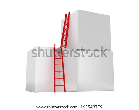 Career concept, red ladders near abstract boxes to reach top, isolated on white background.