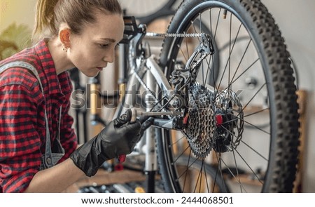 Similar – Image, Stock Photo Woman fixing bike in workshop