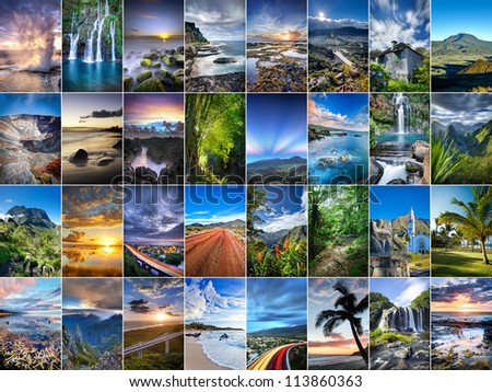 A collage of landscapes from Reunion Island.