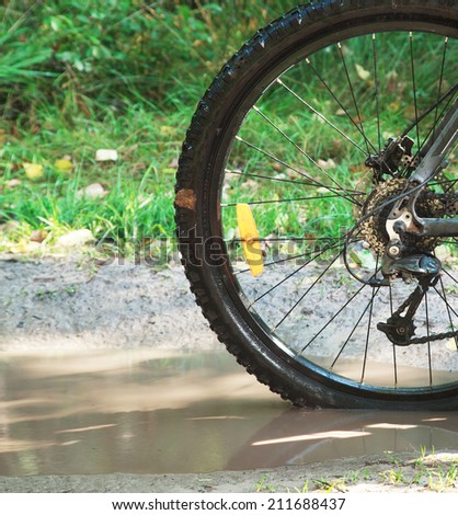 Detail view to the dirty wheel of bicycle in the forest on impassable forest road, cross country offroad