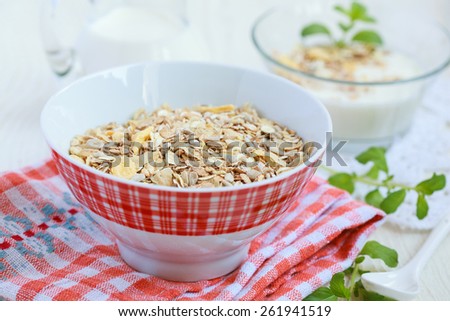 Orange bowl with granola (sunflower seeds, corn, oat and barley flakes and nuts) and homemade yogurt, selective focus