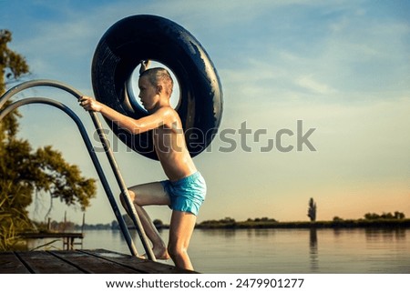 Similar – Image, Stock Photo Rubber ring on pier near lake