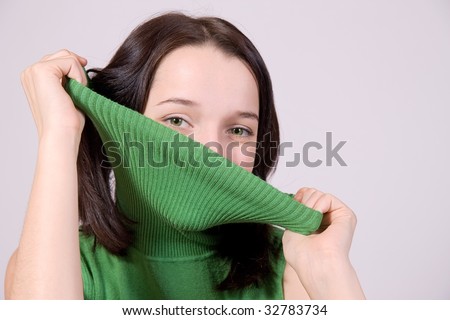 attractive girl hide face