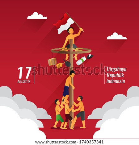 Indonesia traditional games during independence day, panjat pinang, pole climbing