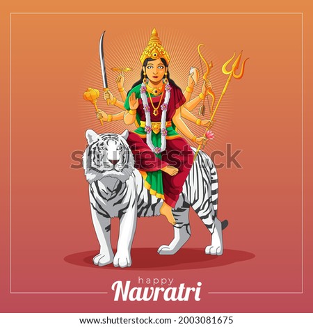 sharad navratri vector greeting card with Durga goddess and white tiger