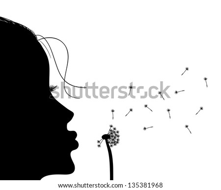 Silhouette Of Girl Blowing To Dandelion, Vector Illustration ...