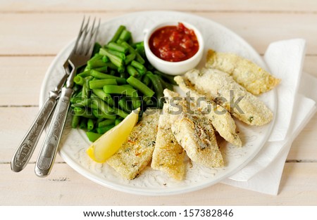 Lemon Semolina Crusted Fish Fries with Green Beans and Marinara Sauce