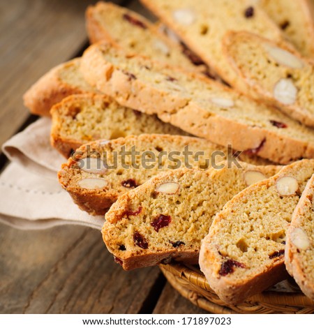Pumpkin Biscotti with Almonds and Dried Cherries, square, copy space for your text