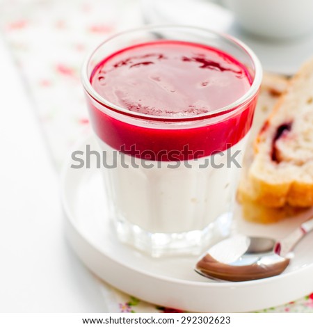 Greek Yogurt with Berry Sauce and Slices of Sweet Bread, Healthy Breakfast, square, copy space for your text
