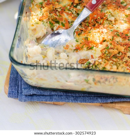 Tuna, Leek, Mornay and Orange Pasta Bake with Bread Crumb and Cheese Topping (Macaroni and Cheese), square, copy space for your text