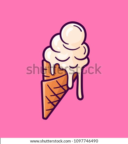 Melting ice cream balls in the waffle cone isolated on pink background. Vector flat outline icon. Comic character in cartoon style illustration for t shirt design