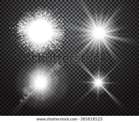 Set of glowing light effects with transparency isolated on plaid vector background. Lens flares, rays, stars and sparkles with bokeh collection