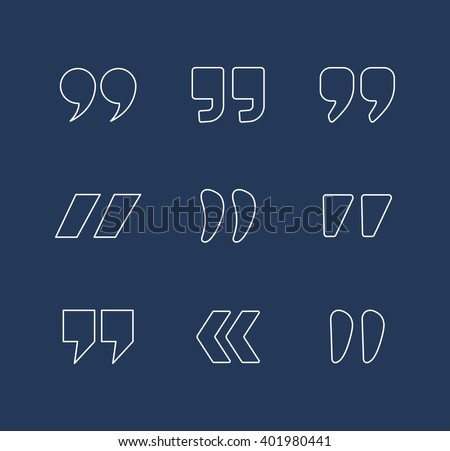 Quote marks outline vector icons set isolated on dark background. Thin line style double commas signs collection for quotation