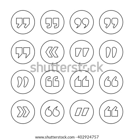 Quote marks outline circle vector icons set isolated on white background. Thin line style double commas signs collection for quotation