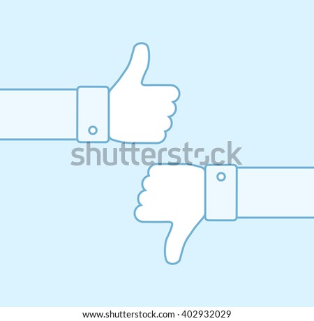 Thumbs up and down line style vector icon. Positive and negative feedback concept. Good and bad gestures on blue background