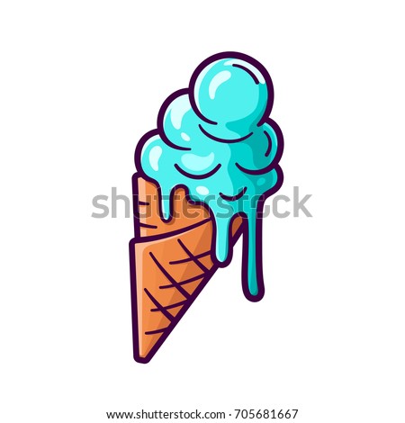 Melting ice cream balls in the waffle cone isolated on white background. Vector flat outline icon. Comic character in cartoon style illustration for t shirt design