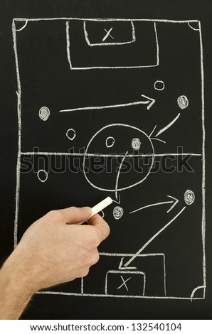 Top view of a man drawing a football game strategy with white chalk on a blackboard.