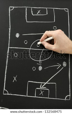 Male hand draws a football play on a chalkboard with chalk. Top view.