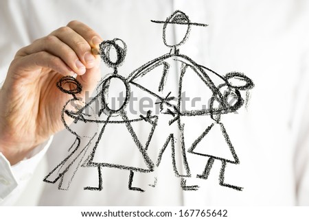 Male hand drawing family holding hands in a circle. Concept of security in family circle.