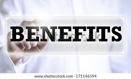 Conceptual image of - Benefits - in text in a navigation bar on a virtual screen or computer interface with a man activating the button from behind