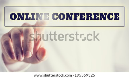 Online conference on a virtual interface in a navigation bar with a businessman touching it with his finger from behind, vintage effect toned image.