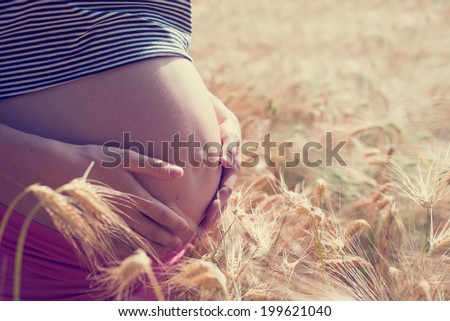 Retro vintage or instagram style image of a pregnant woman standing in a wheat field cradling her bare baby bump in her hands amongst the ripe golden ears of wheat.