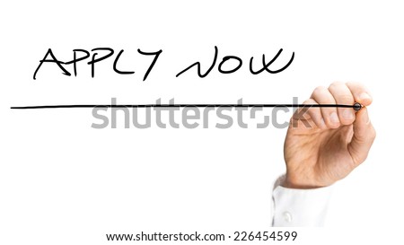 Close up Human Hand Writing Underlined Apply Now Texts Isolated on White Background.
